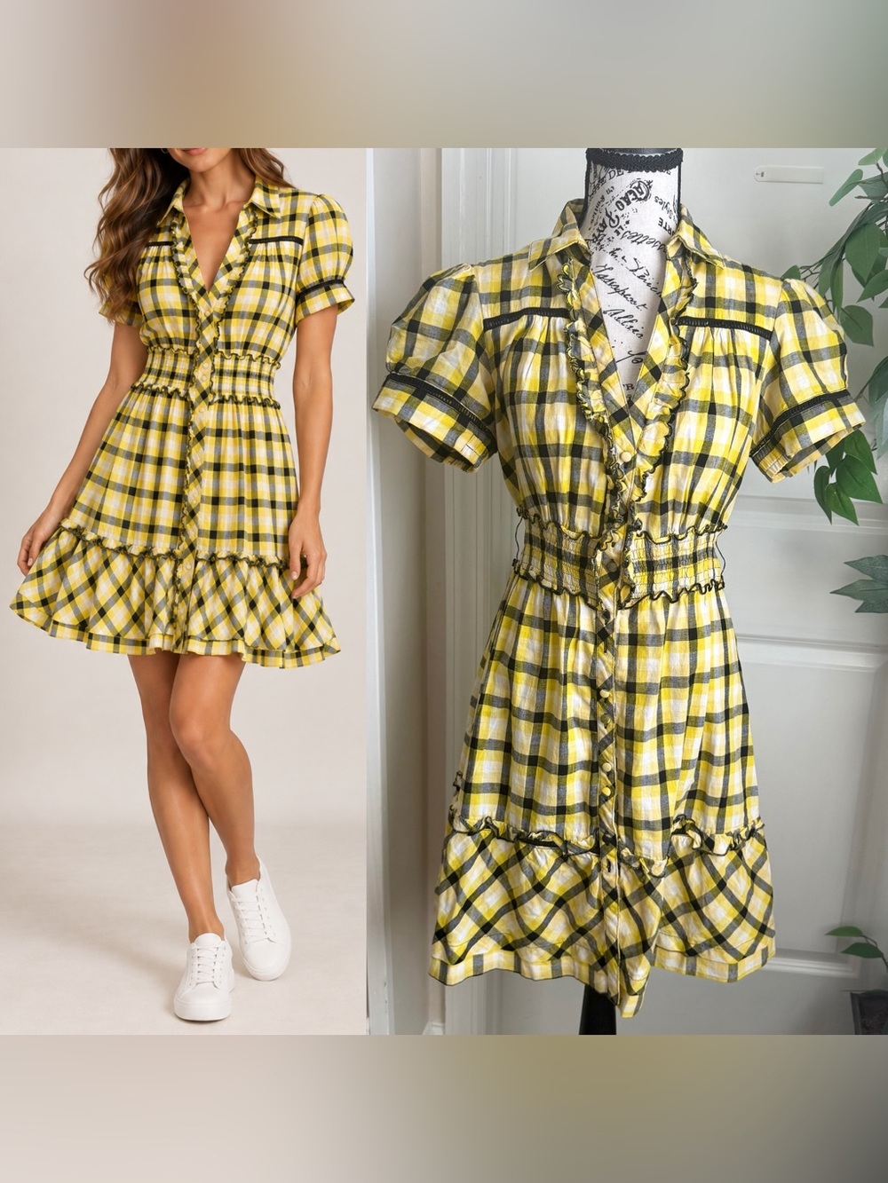 Mandee Y2K Plaid Cotton Smocked Waist Button Front Dress Yellow Sz M